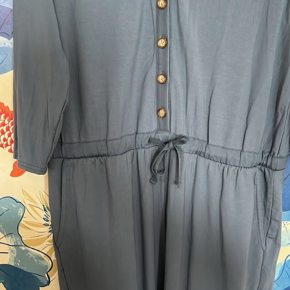 Garnet Hill Relaxed Fit French Terry Ankle Length V-neck Jumpsuit in Blue - M - Picture 7 of 9